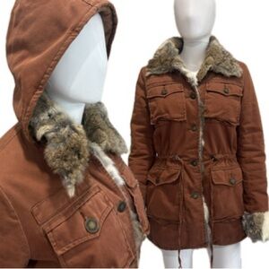 Twill Twenty Two Rabbit Fur Trim Parka Size Small Brown Removable Hooded Anorak